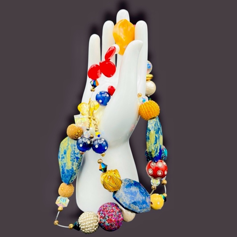 Artisan Necklace Earrings Lapis Lazuli Glass Bead Illusion Blue Red‎ Gold Orange